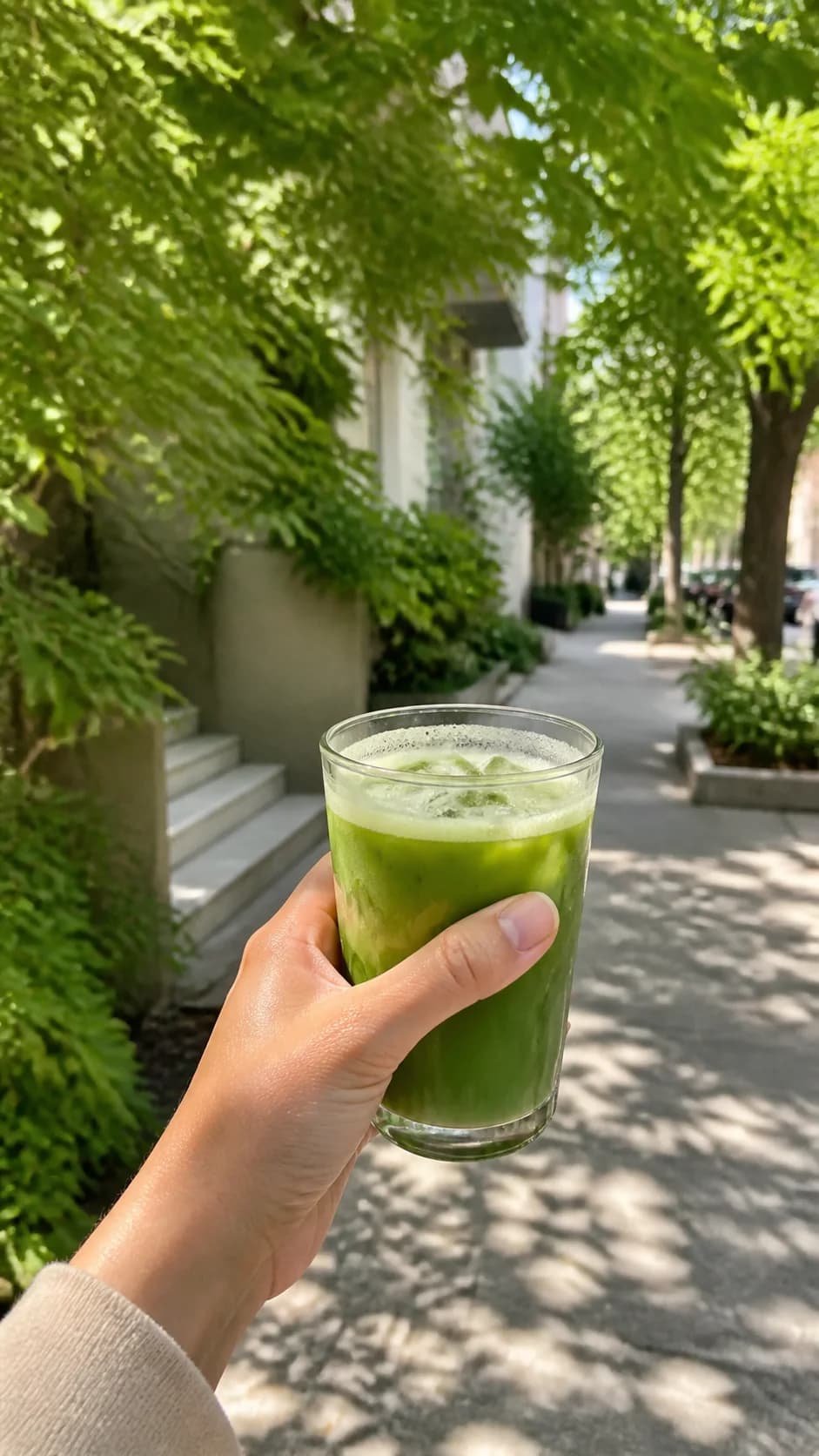 An iced matcha held outdoors